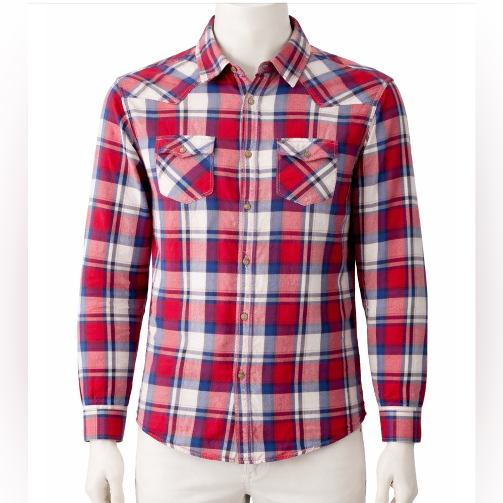 Aeropostale Men's Red and Blue Plaid Shirt